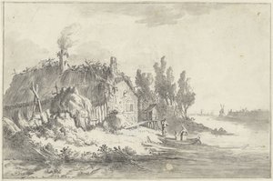 Vervallen boerenhuis aan een rivier door Jacob Ernst Marcus