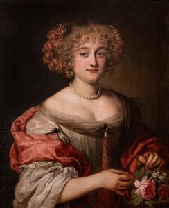 Portret van een dame van de familie Colonna, halflang, in een duifgrijze jurk en roze zijden omslagdoek door Jacob Ferdinand Voet
