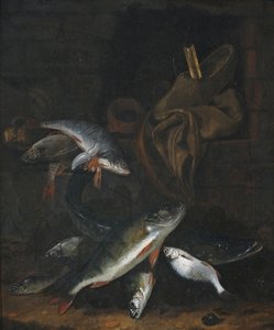 Visstilleven met snoek en brasem op een muur door Jacob Gillig