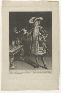 Portret kapitein Jan Bart, staand met pijp door Jacob Gole