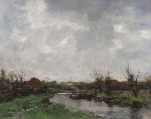 Een rivierlandschap met boerderijen, eind jaren 1870