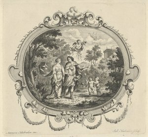 Wandelend paar vergezeld door putti door Jacob Houbraken
