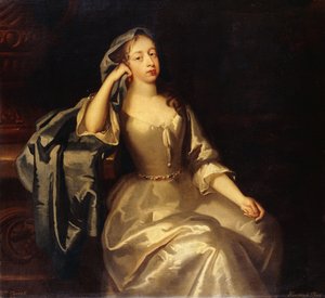 Portret van Mevrouw Tyrell, Driekwart Lengte, in een Witte Satijnen Jurk en Blauwe Sjaal, Haar Rechterarm Rustend op een Sokkel, een Landschap daarachter