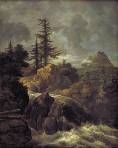 Landschap met een Waterval en een Hut door Jacob van Ruisdael