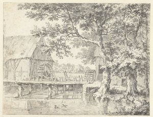 Gezicht op twee watermolens aan weerszijden van een sluis