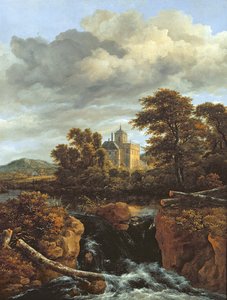 Landschap met een waterval en kasteel, ca. 1670