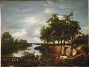 Rivierlandschap en toegang tot een kelder (schilderij op eikenhout)