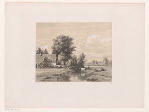 Landschap met boerderij en koe in het water