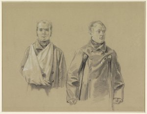 Twee gewonde soldaten, de linker met zijn arm in een mitella, de rechter op krukken door Jacob Joseph Eeckhout