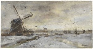 Landschap met molen in de sneeuw door Jacob Maris
