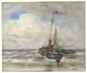 Twee vissersschepen bij het strand door Jacob Maris