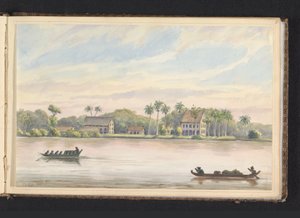 Gezicht op koffieplantage Frederiksdorp aan de Commewijne rivier door Jacob Marius Adriaan Martini van Geffen