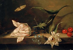 Stilleven met bloemen op een tafelblad