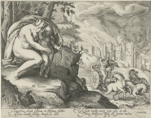 Venus moedigt Cupido aan een pijl naar Pluto te schieten door Jacob Matham (attributed to)