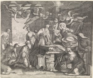 Aanbidding der koningen met engelen door Jacob Matham (workshop of)