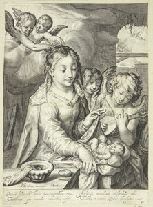 Maagd Maria met kind omringd door engelen door Jacob Matham
