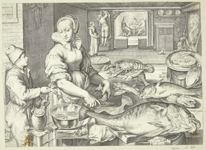 Keukenscène met een keukenmeid die vis schoonmaakt