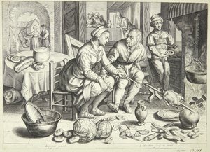 Keukenscène met een man en een vrouw die een kip braden door Jacob Matham