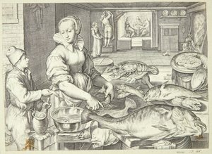 Keukenscène met een keukenmeid die vis schoonmaakt door Jacob Matham