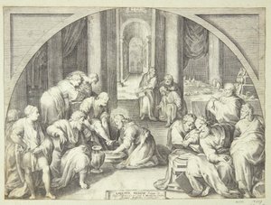 Christus wast de voeten van de apostelen door Jacob Matham