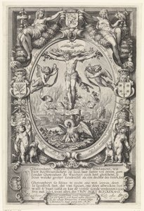 Kruisiging in allegorische omlijsting door Jacob Matham