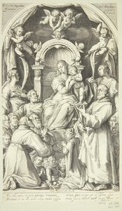 Maria en het kind met beschermheren en heiligen (Sint Lucia, Catharina van Alexandrië, Franciscus van Assisi en leden van de Zuccaro-familie) door Jacob Matham