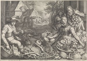 Marktscène en de rust op de vlucht naar Egypte (Keuken- en marktscènes met bijbelse scènes) door Jacob Matham