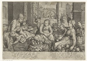 Marktscène met in de achtergrond de parabel van de arbeiders in de wijngaard, ca. 1600