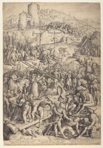 De bespotting, geseling en kruisiging van Christus door Jacob Matham