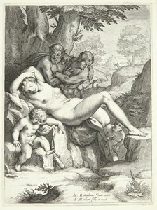 Venus en Amor slapen en worden bekeken door saters