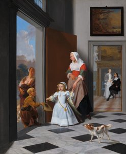Een verpleegster en een kind in een elegante foyer door Jacob Lucasz Ochtervelt