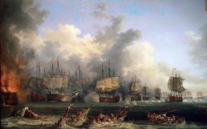 Het zinken van het Russische slagschip St. Evstafius in de zeeslag bij Chesma, 1771