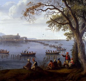 Ferdinand IV jaagt op meerkoeten op het Meer van Fusaro, door Jacob Philipp Hackert (1737-1807), detail door Jacob Philippe Hackert