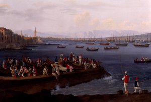 De Baai van Napels bij Santa Lucia met de terugkerende vloot uit Algiers door Jacob Philippe Hackert