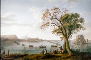 De meerkoetjacht van Ferdinand I van de Twee Siciliën op het meer van Fusaro bij Napels, Italië door Jacob Philippe Hackert