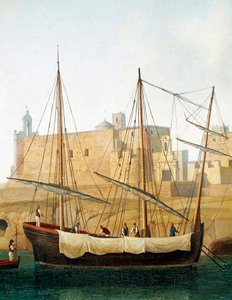 Zicht op een schip in de haven van Monopoli, Apulië, Italië door Jacob Philippe Hackert