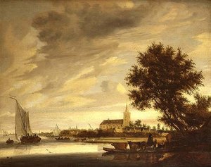 Een rivierlandschap met een veerboot op de voorgrond door Jacob Salomonsz. (circle of) Ruysdael