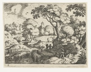 Landschap met reiziger en soldaten door Jacob Savery (I)