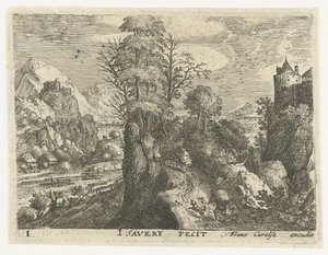 Landschap met reizigers op steile rots