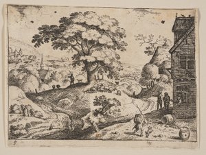 Herberg rechts van de weg voor het dorp, van Landscapes door Jacob Savery I