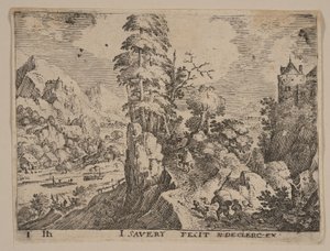 Pad met reizigers rechts van rivier, uit Landschappen
