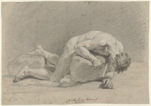 Mannelijk naakt, liggend op de buik over een rots