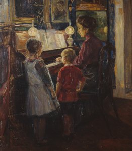 Vrouw en kinderen bij de piano door Jacob Sømme