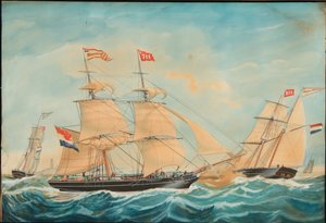 De Hendrika Bartina en de Johanna Hendrika varen nabij de kust, 1852 door Jacob Spin