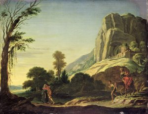 Landschap met de ontmoeting van Mozes en Aaron op de berg Horeb