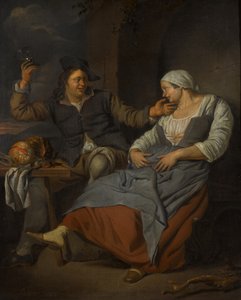 Een zittend echtpaar drinkt wijn door Jacob Toorenvliet