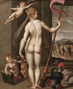 Minerva met een lans terwijl ze wordt gekroond met laurier door een putto door Jacob de (studio of) Backer