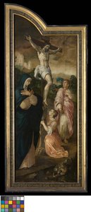 De kruisiging (linkervleugel), De profetie van het herstel van Hizkia (middenpaneel), Abt Jacob Delrio met patroonheilige (rechtervleugel), De opwekking van Lazarus (grisaille, achterzijde van de buitenste vleugels) door Jacob de Backer