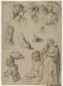 Studieblad met een jonge man, een vrouw met kind en een Parisoordeel of heksensabbat door Jacob de Gheyn (II)