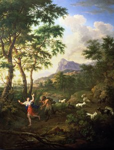 Een Arcadisch landschap met Pan en Syrinx door Jacob de Heusch